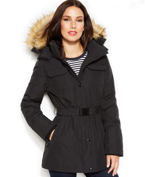 michael michael kors belted faux fur trimmed hood puffer parka|Michael Michael Kors Active Belted Puffer with Faux Fur Trim .